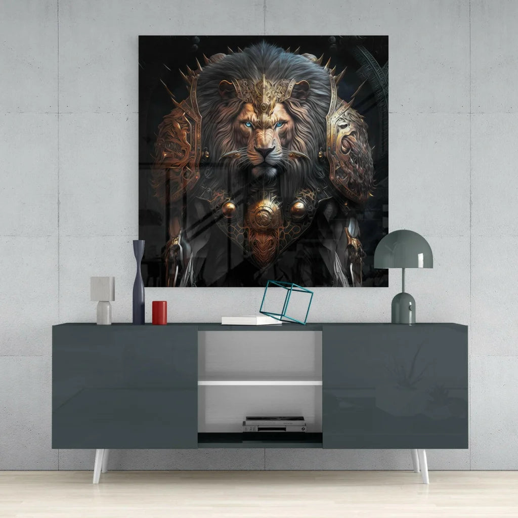 Stunning black-and-gold armored lion glass wall art print