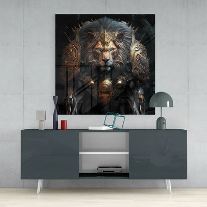 Stunning black-and-gold armored lion glass wall art print