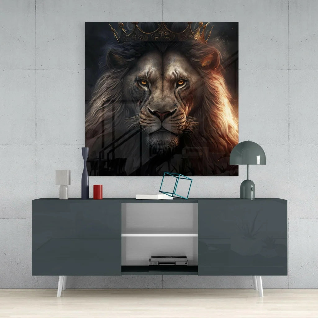 Majestic Lion King Glass Wall Art with Mountain Landscape | Contemporary Home Wall Art | vintageantiquesgifts.com