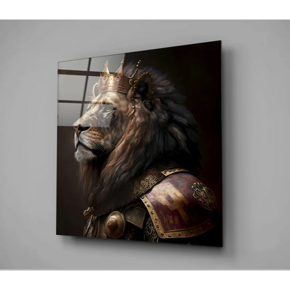 Regal Lion King Glass Wall Art with Golden Crown Armor | Glass Wall Art Print | vintageantiquesgifts.com