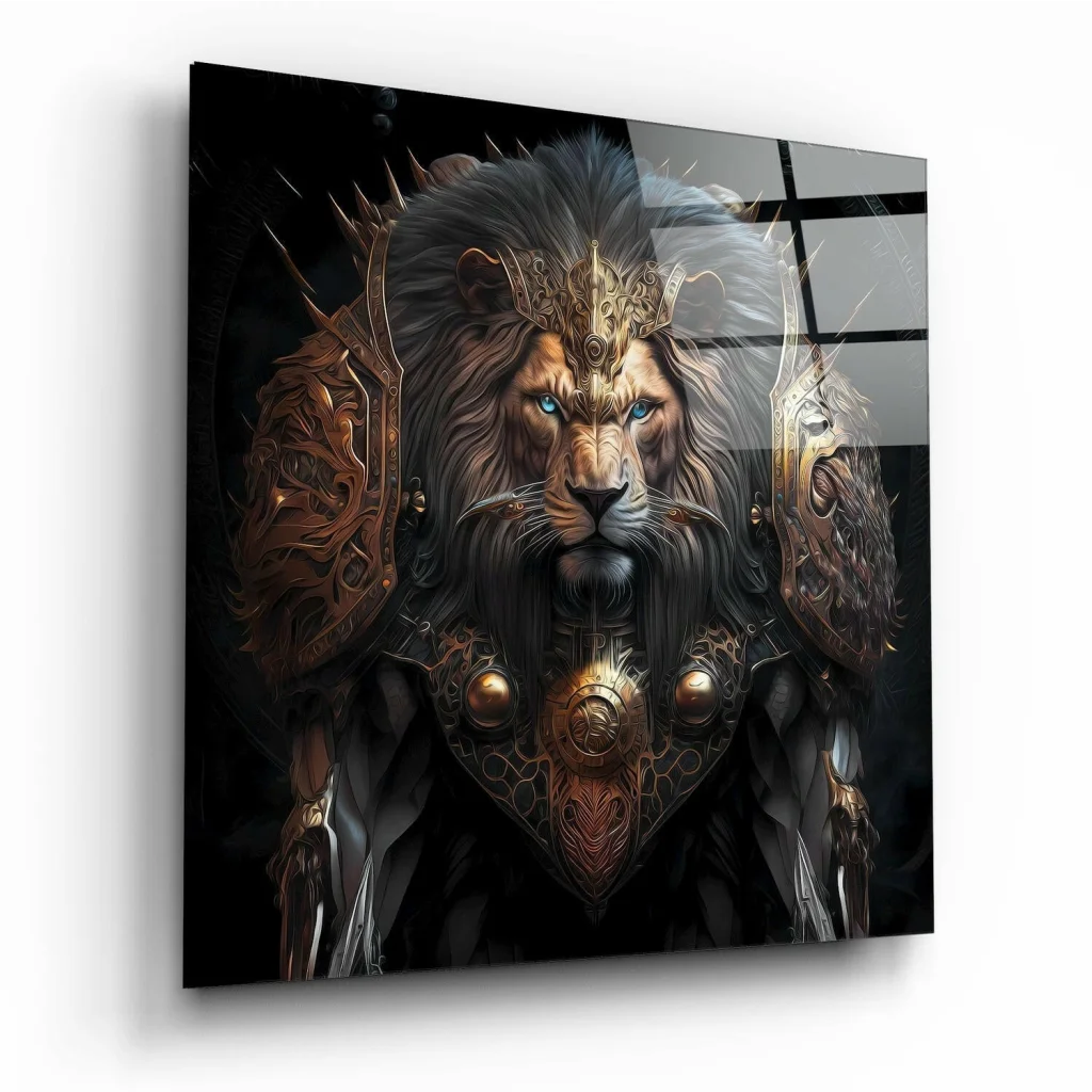 Majestic lion in golden armor on glass wall art print