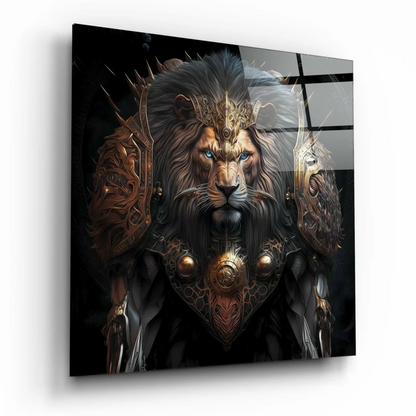 Majestic lion in golden armor on glass wall art print