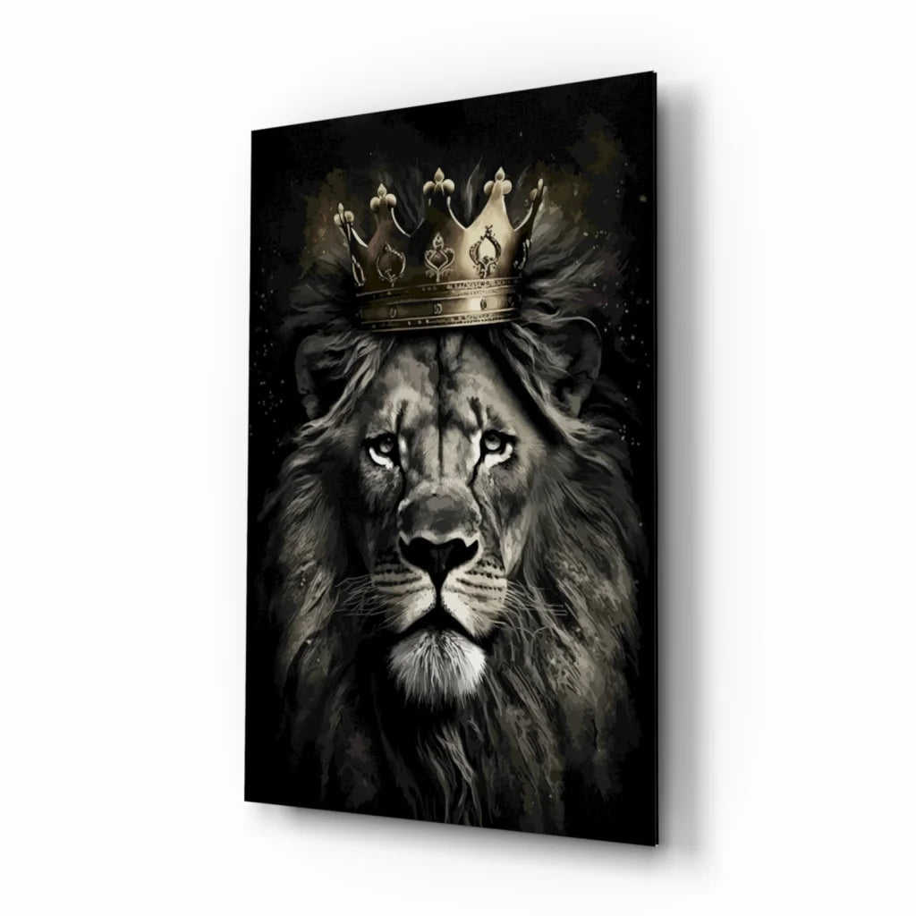 Majestic lion king glass wall art with golden crown in black-and-white