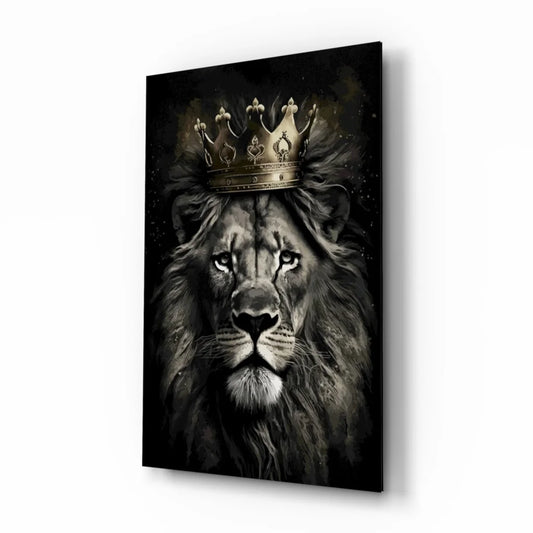 Majestic lion king glass wall art with golden crown in black-and-white