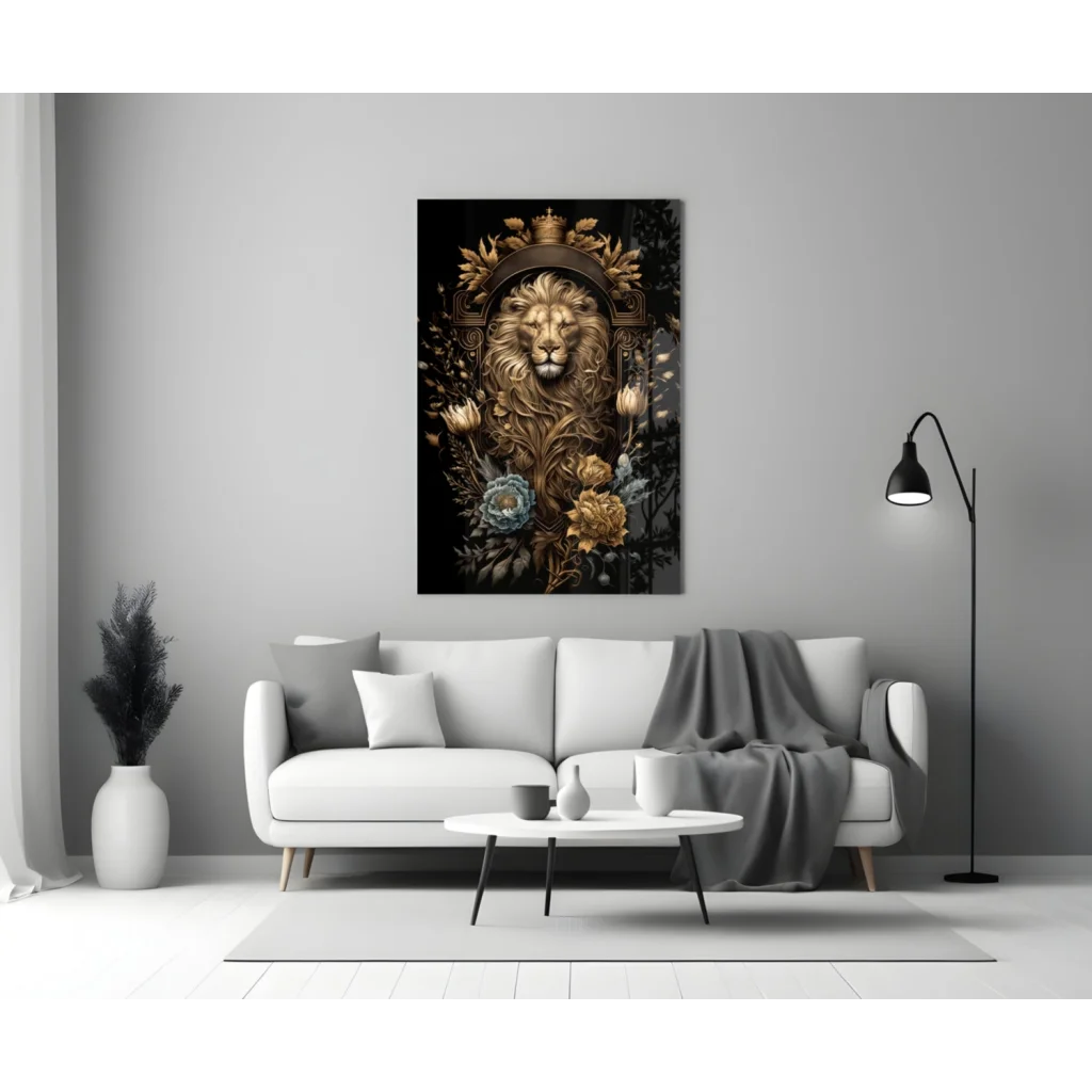 Majestic Golden Lion Glass Wall Art with Floral Crown | Modern Wall Art Decor | vintageantiquesgifts.com