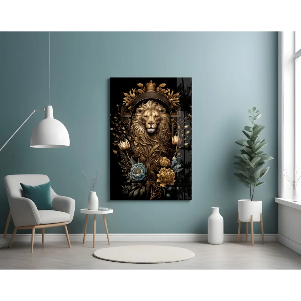 Majestic golden lion glass wall art with floral crown on black background