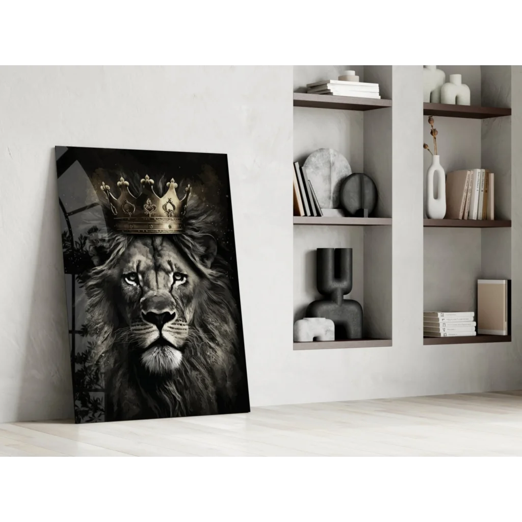 Majestic lion king glass wall art with golden crown on canvas