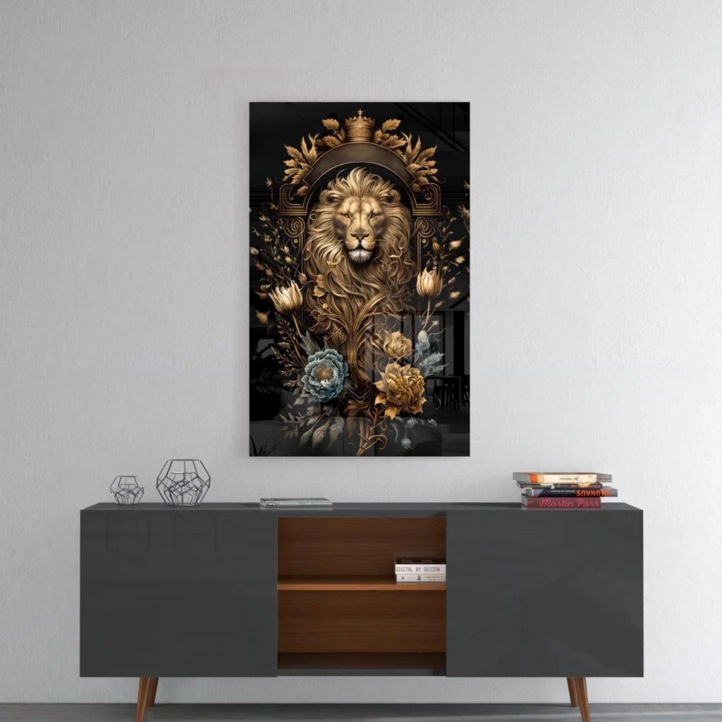 Majestic golden lion glass wall art with floral crown on black background