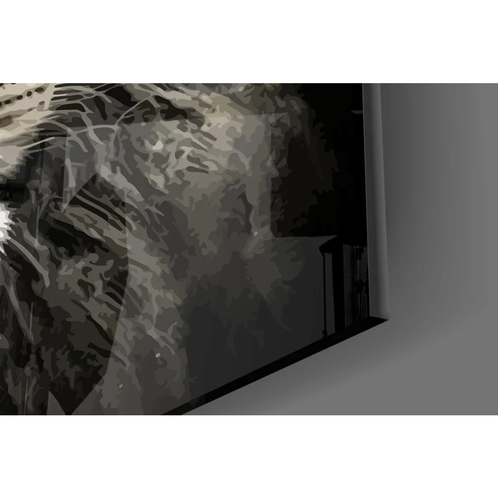 Majestic Lion King glass wall art with golden crown and skull