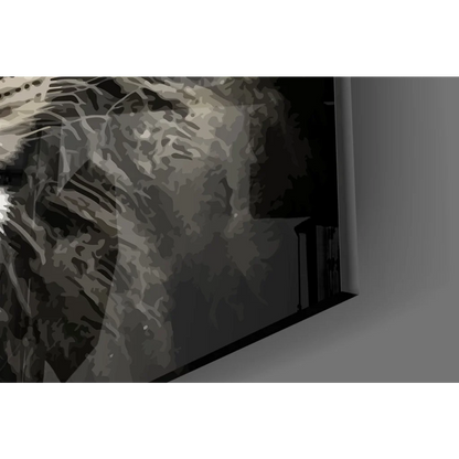 Majestic Lion King glass wall art with golden crown and skull