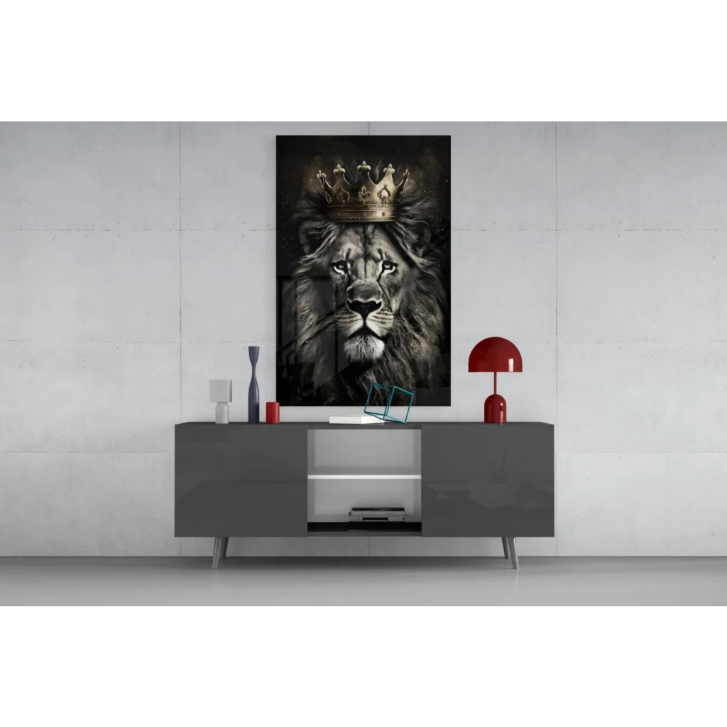 Majestic lion king glass wall art with golden crown on black-and-white canvas