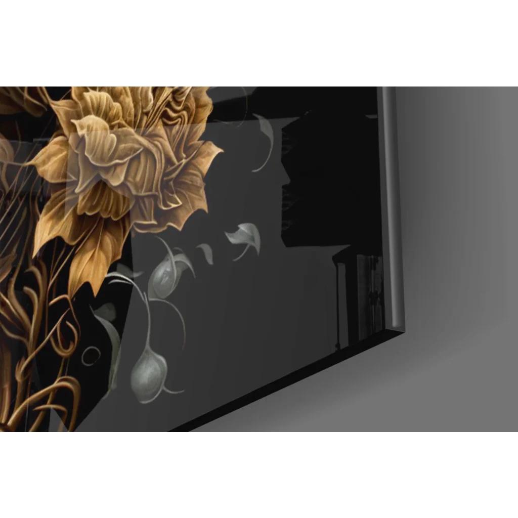 Glossy black tablet with golden floral lion crown in glass wall art