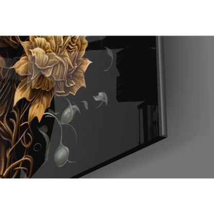 Glossy black tablet with golden floral lion crown in glass wall art