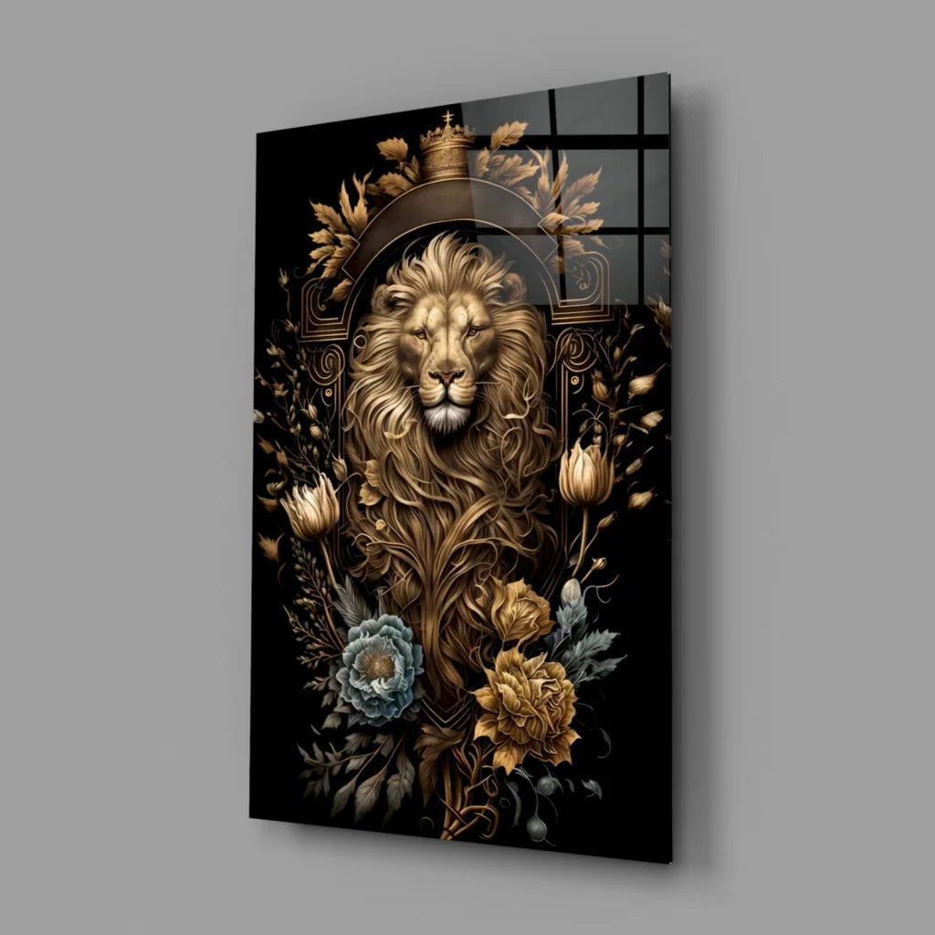 Majestic Golden Lion Glass Wall Art with Floral Crown | Glass Wall Art Print | vintageantiquesgifts.com