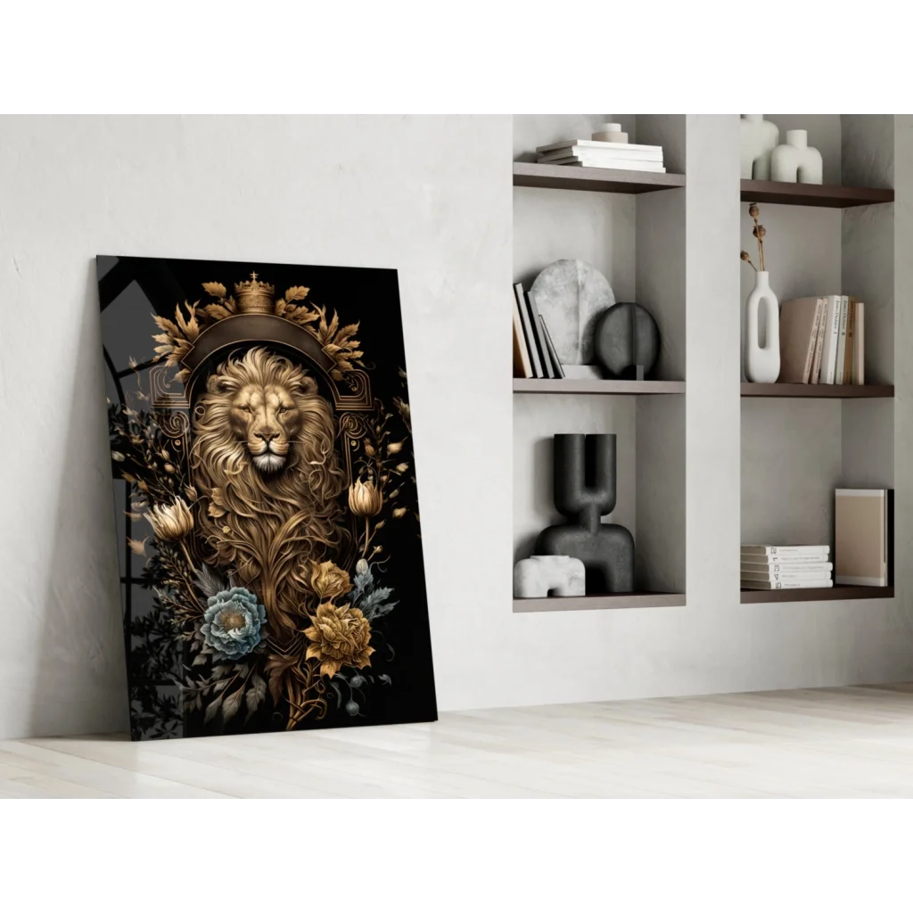Majestic golden lion glass wall art with floral crown on black background