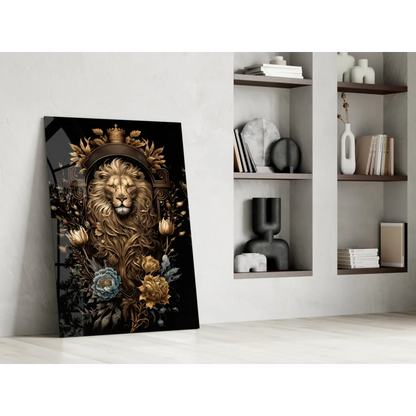Majestic golden lion glass wall art with floral crown on black background