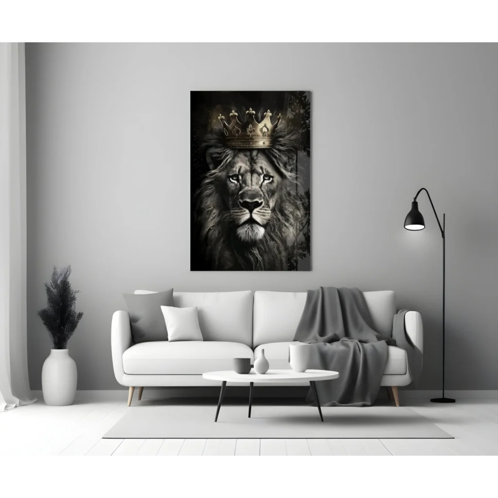 Majestic lion king glass wall art with black and gold crown portrait