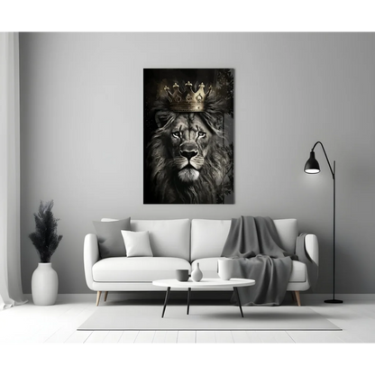 Majestic lion king glass wall art with black and gold crown portrait