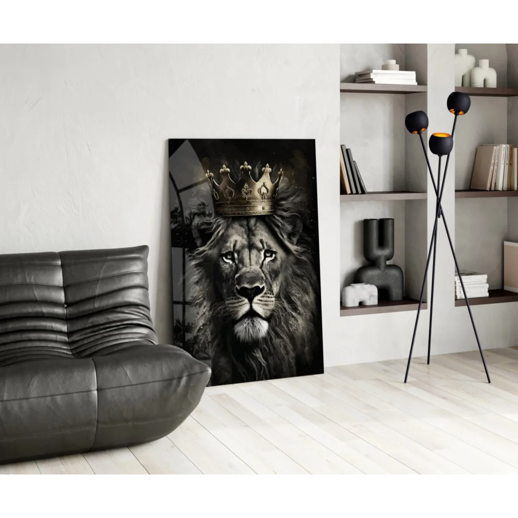 Majestic lion king glass wall art with black gold crown portrait