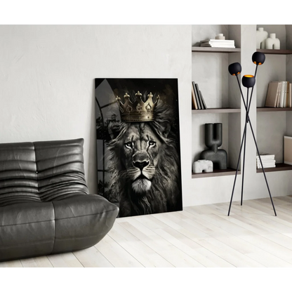 Majestic lion king glass wall art with black gold crown portrait
