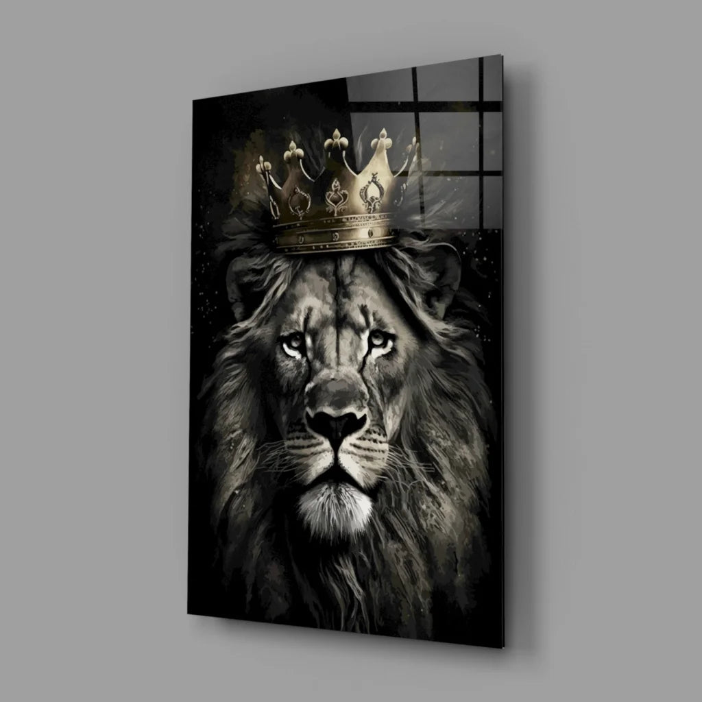 Majestic lion king glass wall art with black and gold crown on sleek canvas