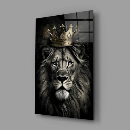 Majestic lion king glass wall art with black and gold crown on sleek canvas