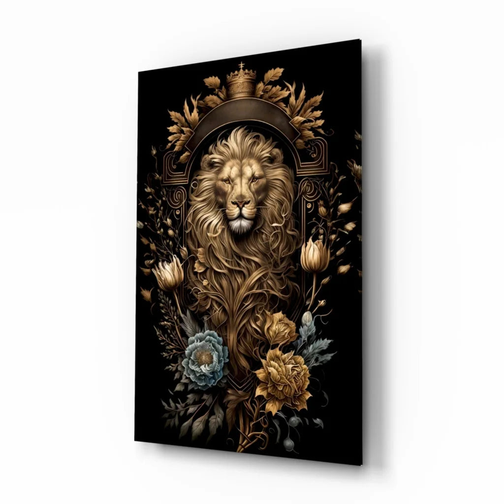 Majestic Golden Lion Glass Wall Art with Floral Crown | Insigneart USA | vintageantiquesgifts.com