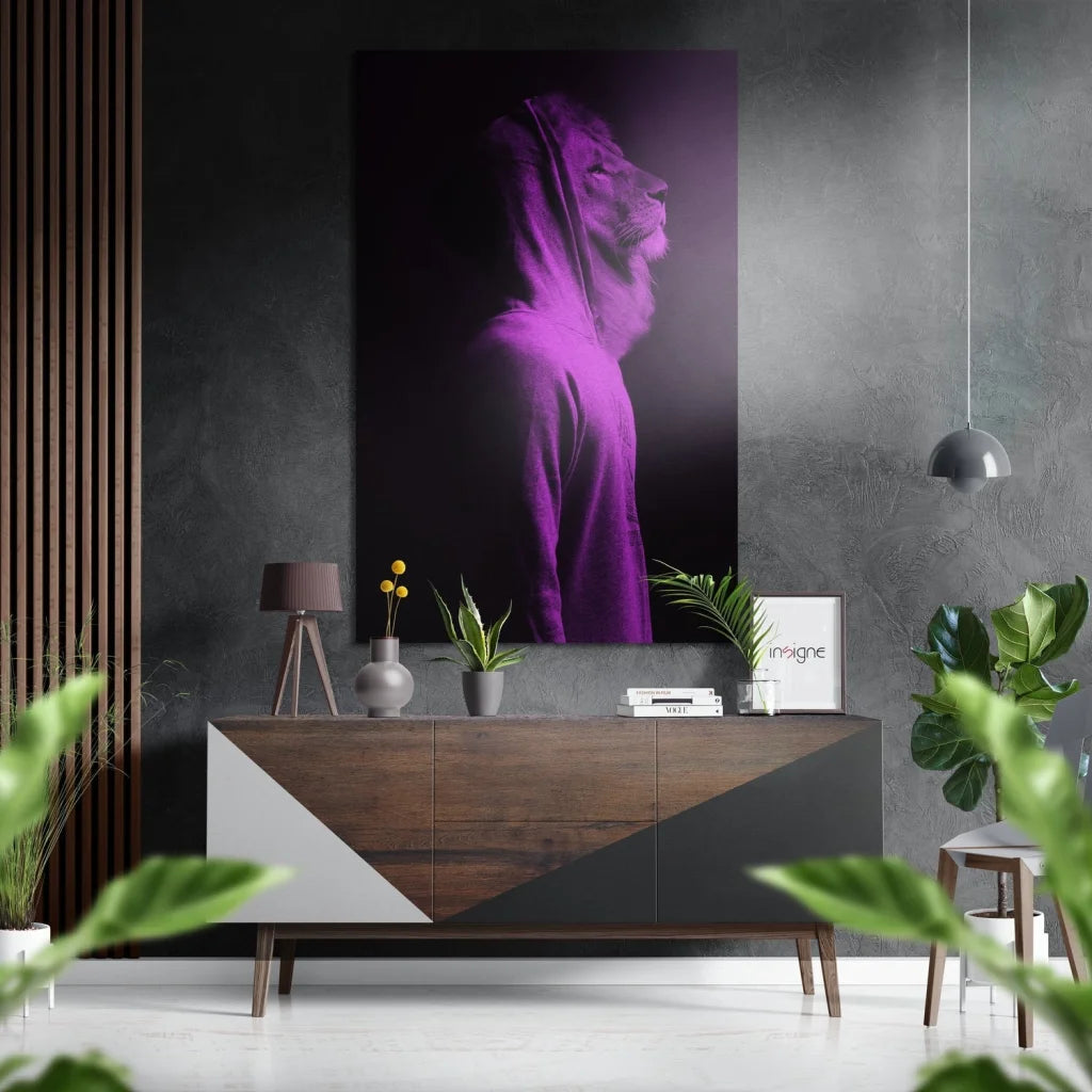 Purple lion silhouette on brushed aluminium dibond art on gray wall