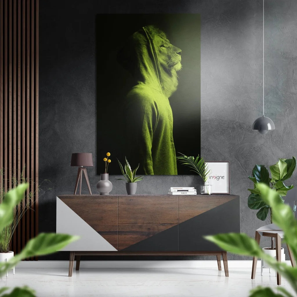 Striking green lion portrait on brushed aluminium dibond panel