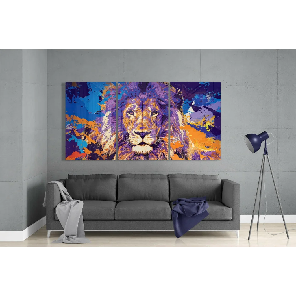 Majestic Lion Glass Wall Art in Electric Purple and Orange | Modern Wall Art Decor | vintageantiquesgifts.com