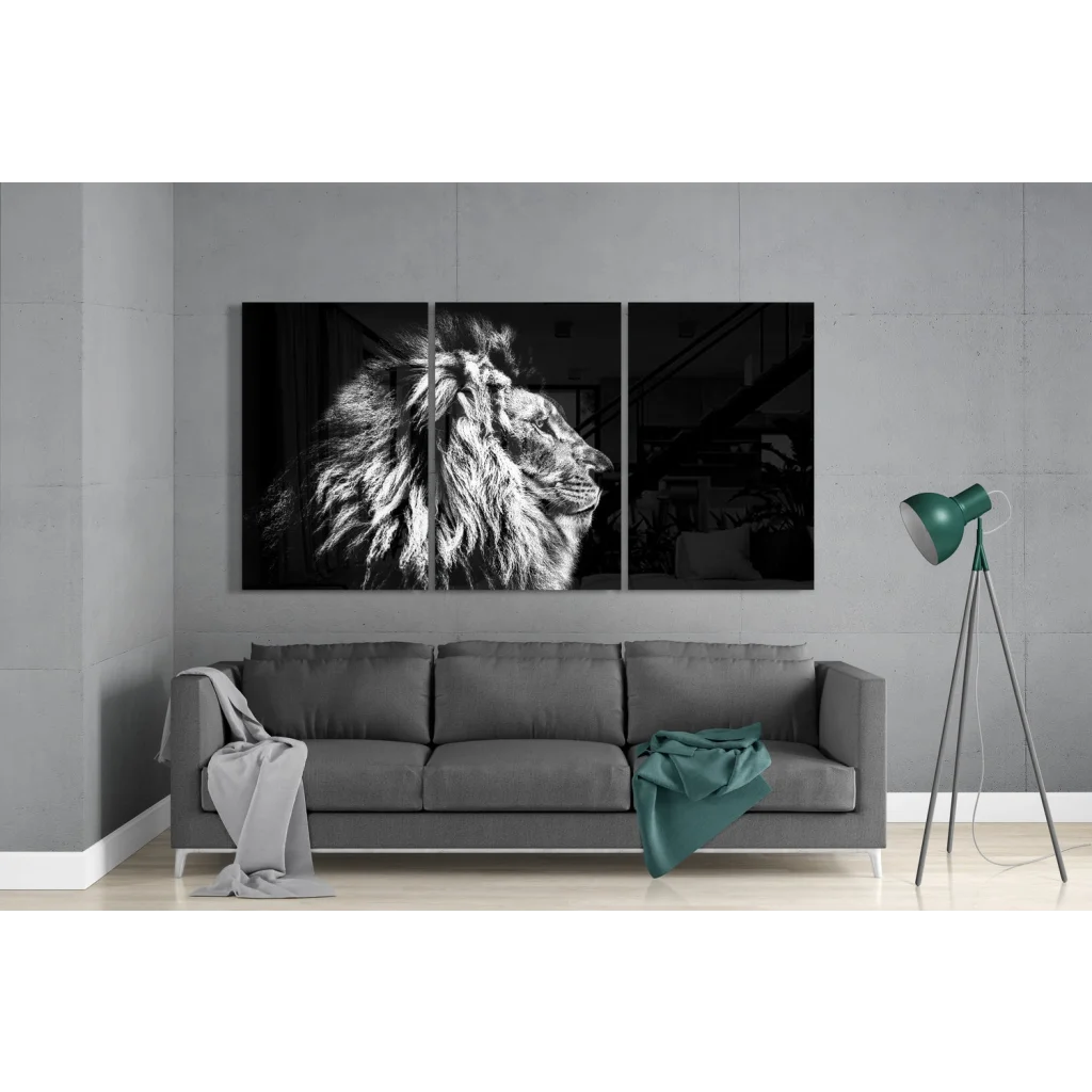 Majestic lion head black-and-white glass wall art triptych