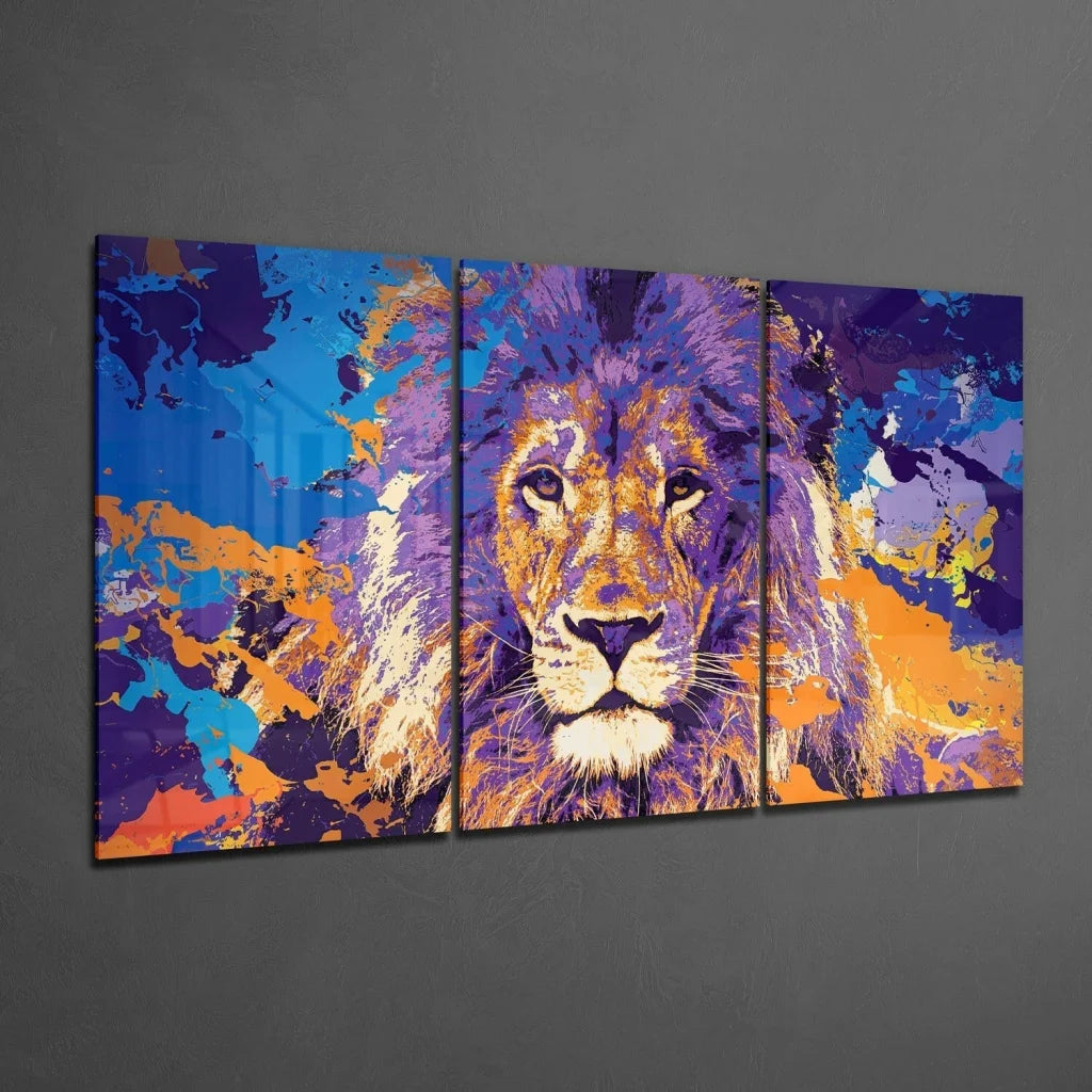 Majestic Lion Glass Wall Art in Electric Purple and Orange | Glass Wall Art Print | vintageantiquesgifts.com