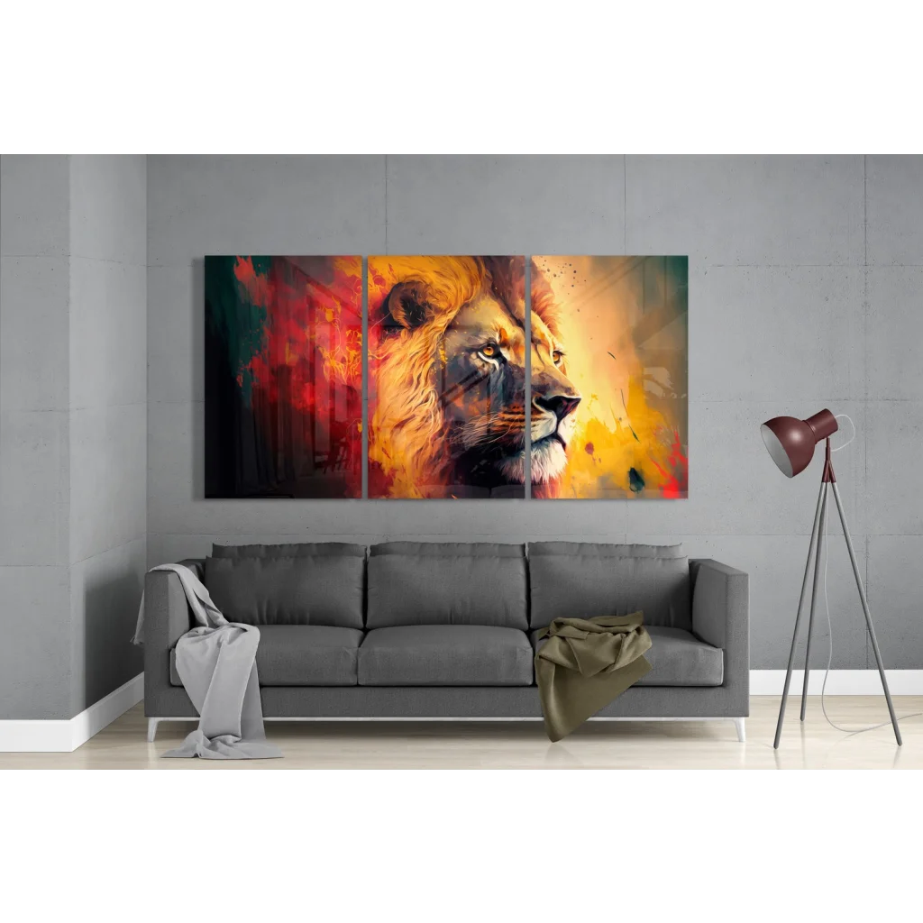 Fiery Lion Triptych Canvas by Insigne Glass Art | Modern Wall Art Decor | vintageantiquesgifts.com