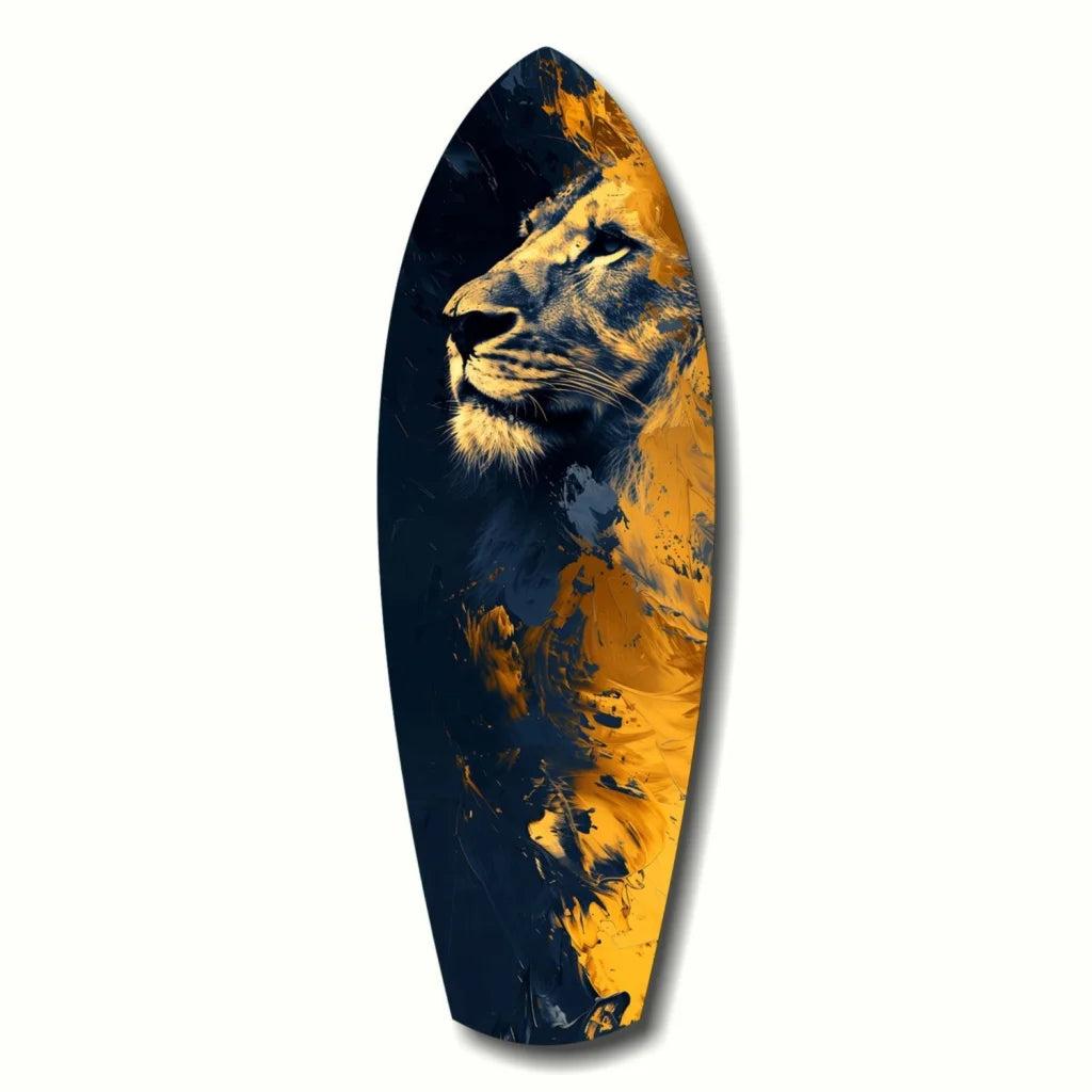 Stunning lion pride tempered glass art with sleek surfboard design