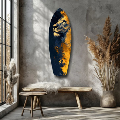Stunning lion pride tempered glass art: surfboard-shaped wall decor in navy and gold