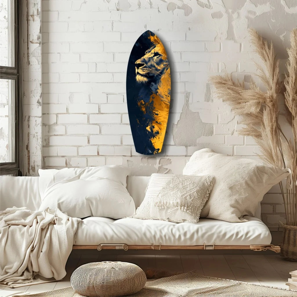Stunning lion pride tempered glass art with navy gold surfboard design