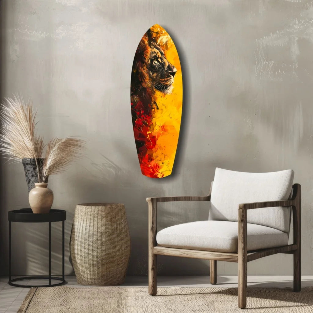 Vibrant fiery lion pride glass art on tempered surfboard canvas