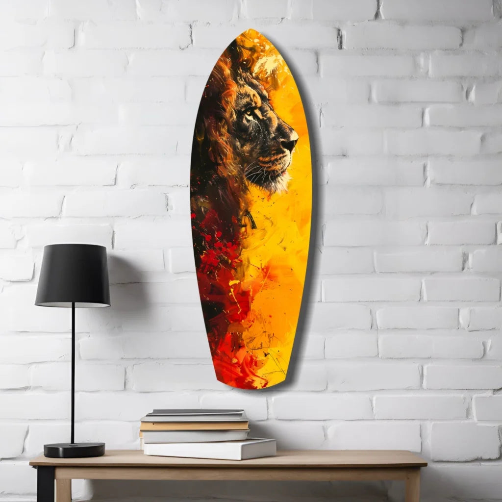Fiery lion pride glass art on surfboard, vibrant orange red profile