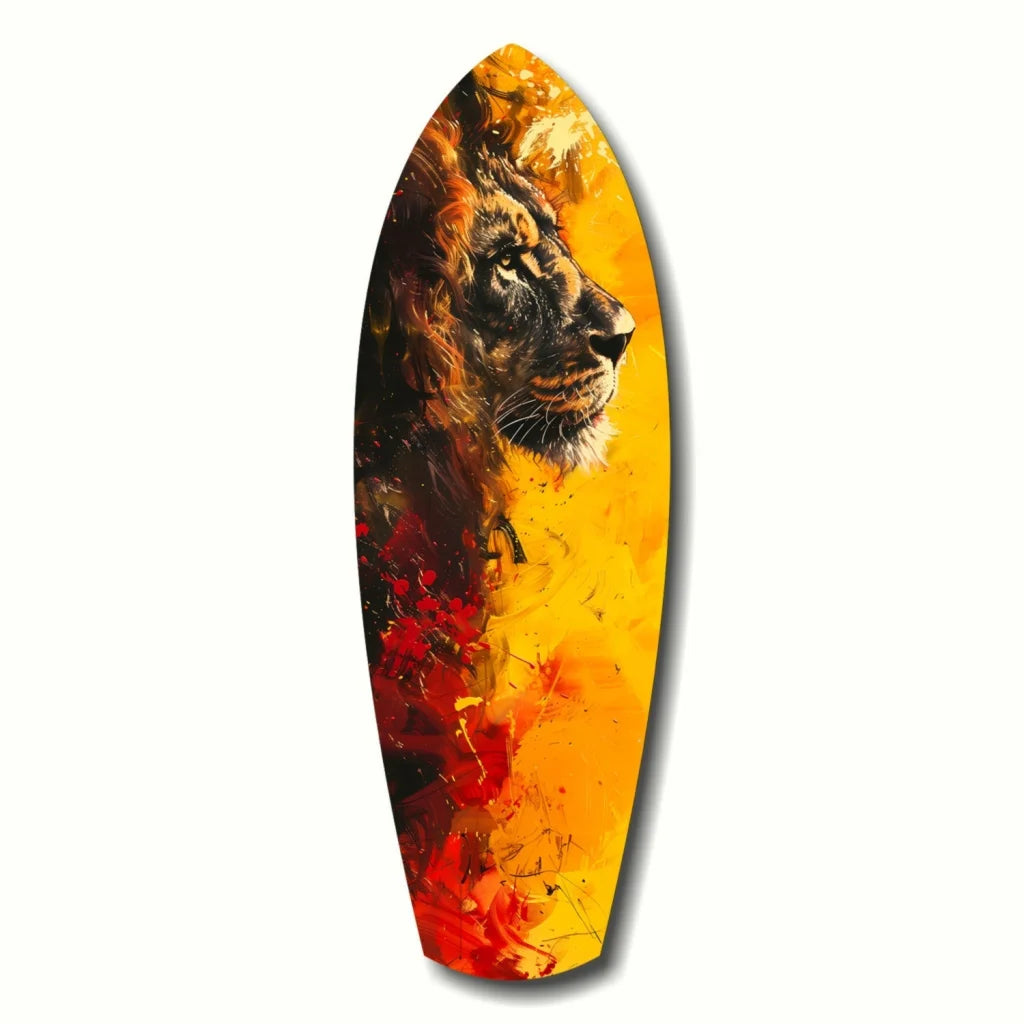 Fiery lion tempered glass art on surfboard canvas with vibrant splashes