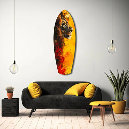 Vibrant fiery lion tempered glass art on surfboard canvas