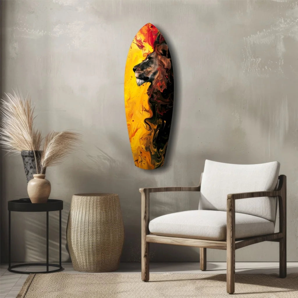 Vibrant fiery lion tempered glass art on surfboard wall piece