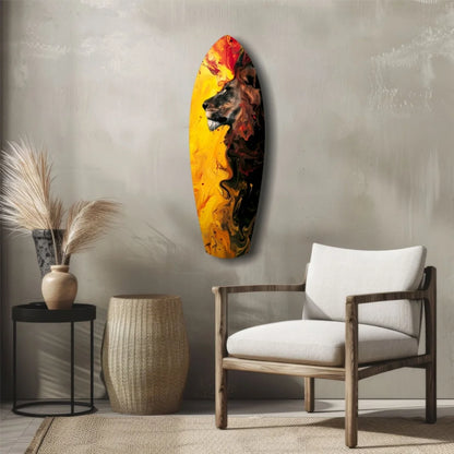 Vibrant fiery lion tempered glass art on surfboard wall piece