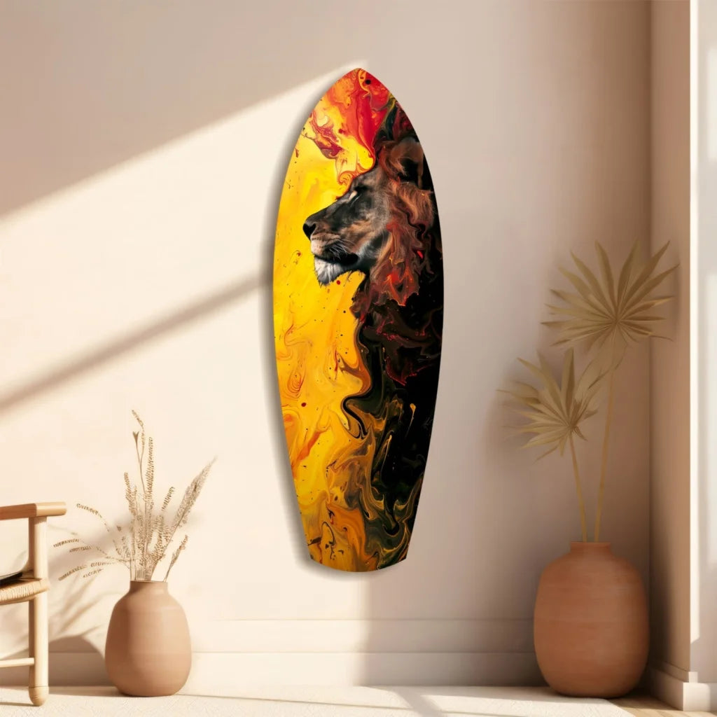 Vibrant fiery lion tempered glass art surfboard wall piece