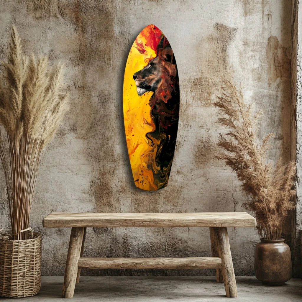 Fiery Lion Tempered Glass Art Surfboard Wall Piece | Modern Wall Art Decor | vintageantiquesgifts.com