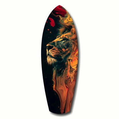 Vibrant lion head tempered glass art on Fierce Lion Surfboard