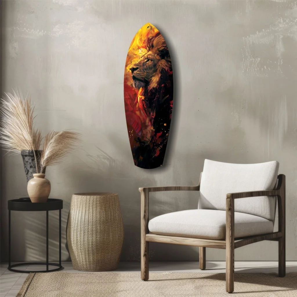 Fiery lion pride on surfboard tempered glass art