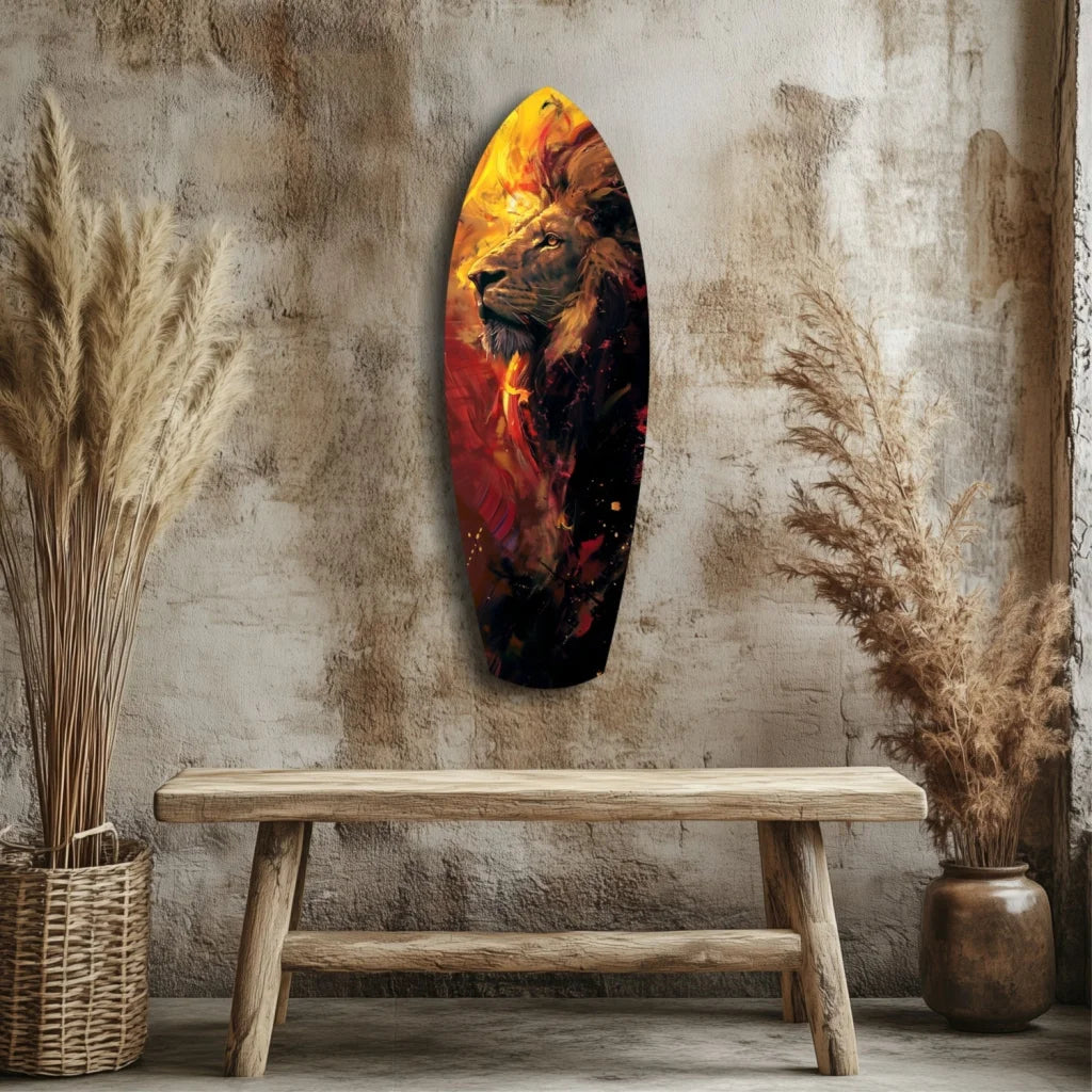 Fiery Lion Pride Surfboard Tempered Glass Art | Modern Wall Art Decor | vintageantiquesgifts.com