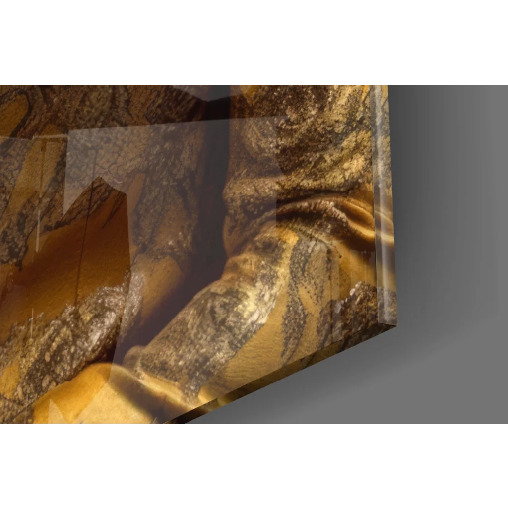 Golden and brown marbled glass wall art with glossy finish
