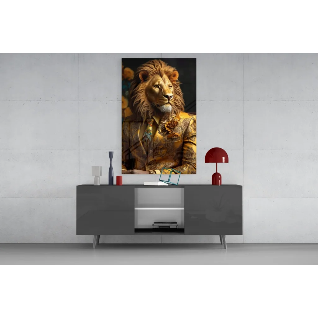 Regal golden lion glass wall art print in ornate embroidered suit