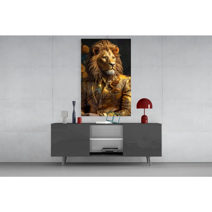 Regal golden lion glass wall art print in ornate embroidered suit